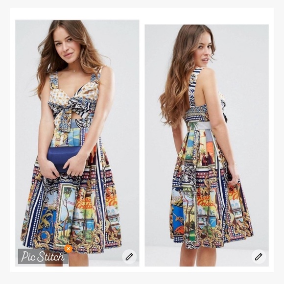 Asos Bow Detail Cut Out Scenic Print Skater Dress - Picture 1 of 13